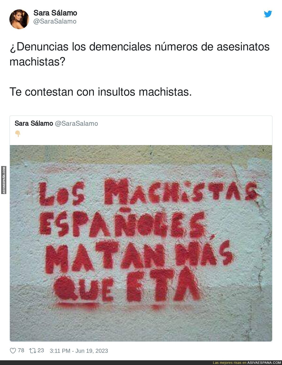 Sara Sálamo denuncia las muertes por violencia de género metiendo a ETA por medio