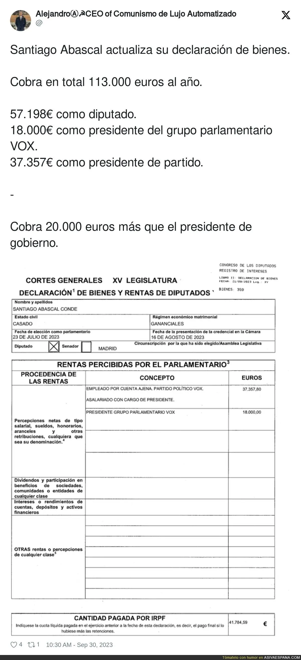 Santiago Abascal actualiza su declaración de bienes y es tremendo lo que cobra