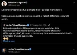 Isabel D&iacute;az Ayuso le da un tremendo rev&eacute;s a Javier Tebas por la Superliga