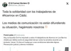 Toda la solidaridad con los trabajadores de #Acerinox en C&aacute;diz.

Los medios de comunicaci&oacute;n no est&aacute;n difundiendo su situaci&oacute;n, hag&aacute;moslo nosotros ✊?, por @MCarmen_Montero