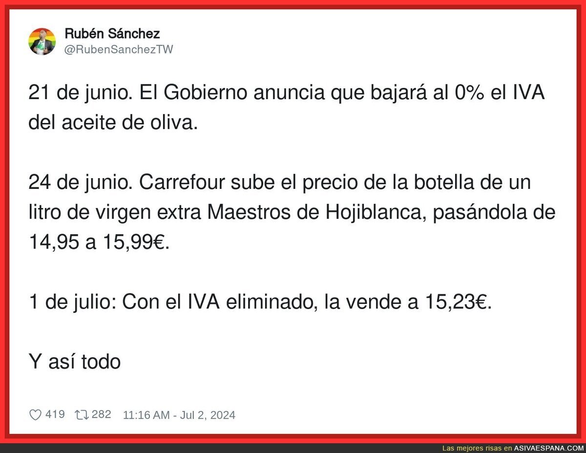 Suprimir el IVA solo ha servido para ver como suben el precio del aceite