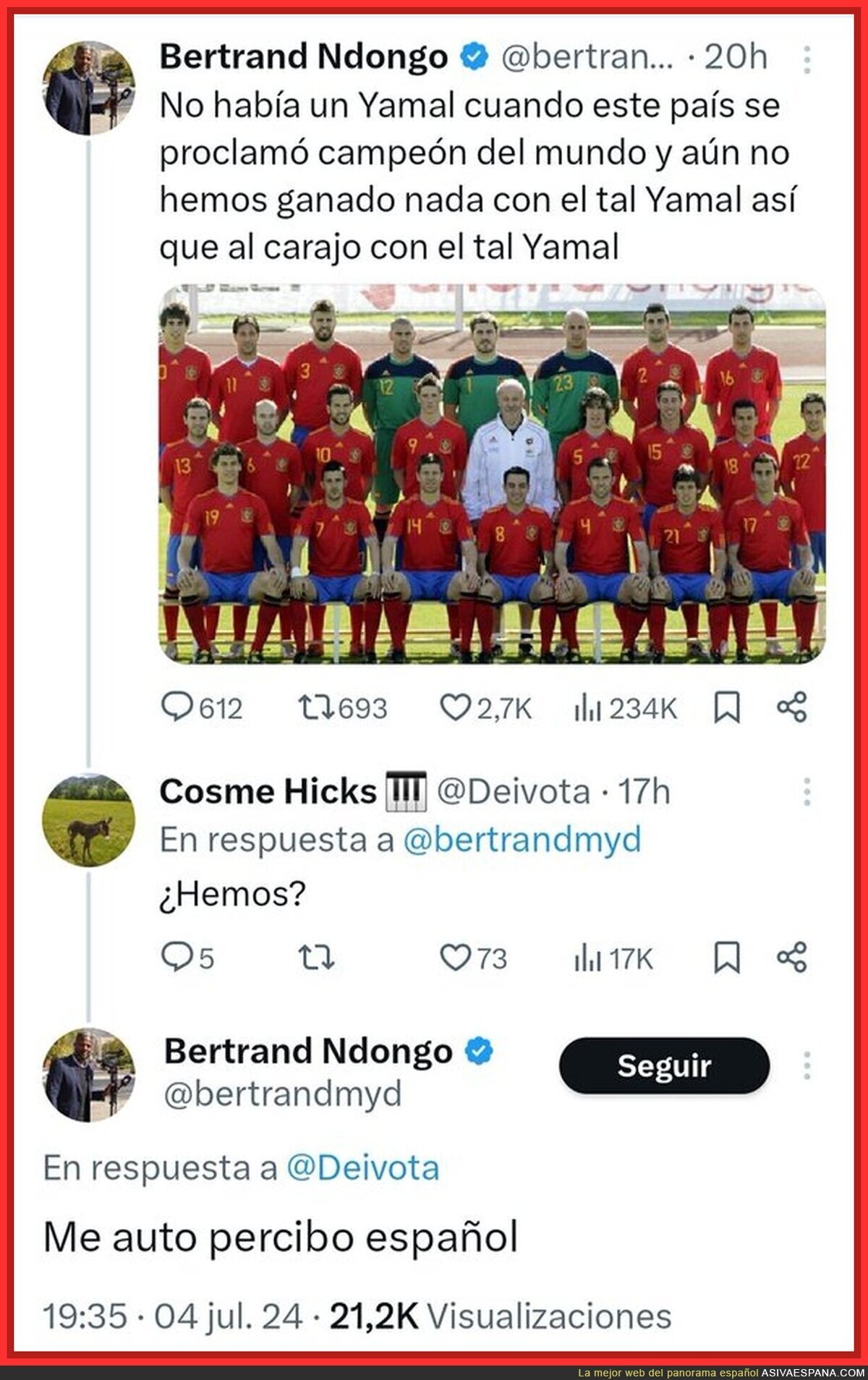 Bertrand Mondongo se auto percibe español
