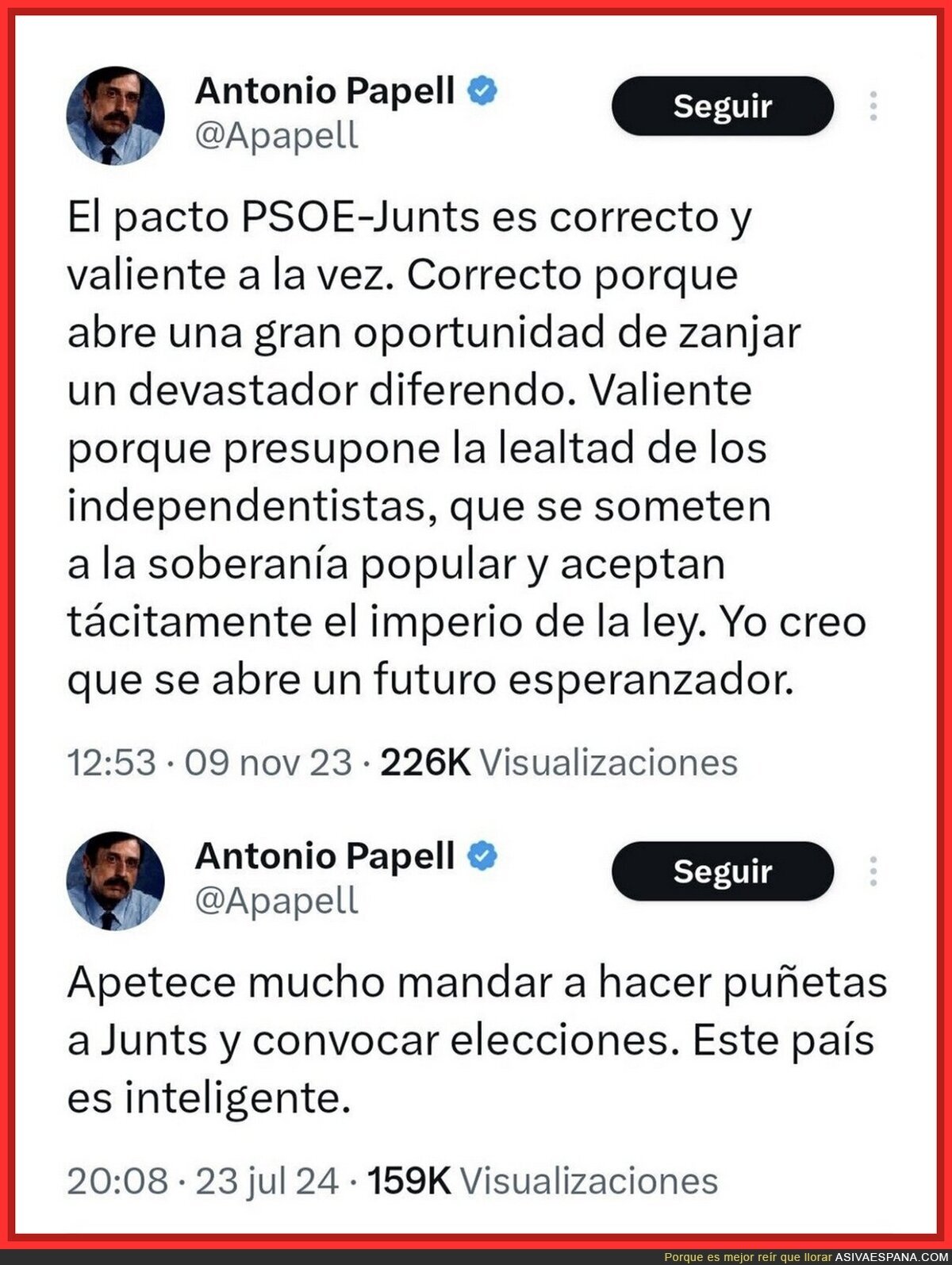 As&iacute; cambia de opini&oacute;n Antonio Papell con Junts a lo largo de los meses