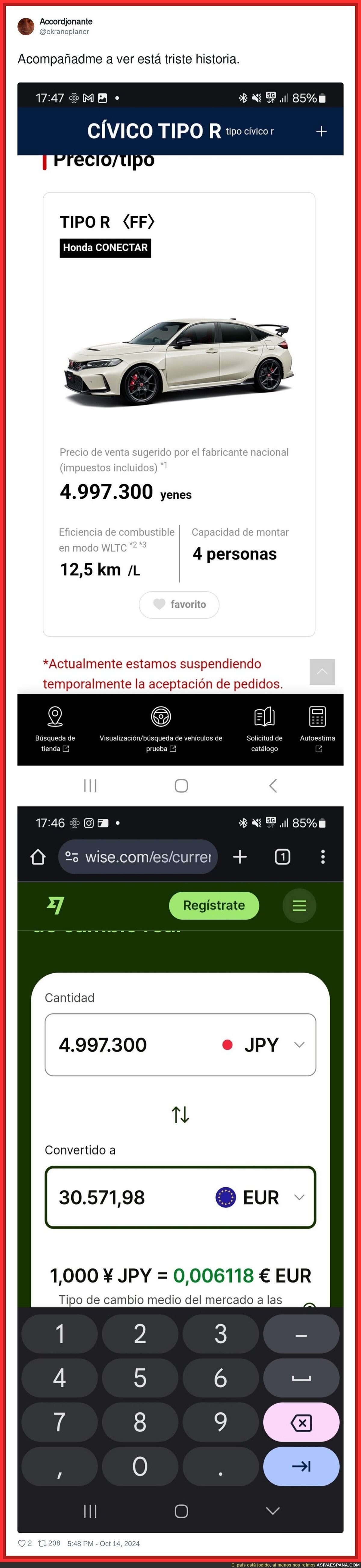 La diferencia de precio entre España y Japón del mismo Honda Cívico Tipo R
