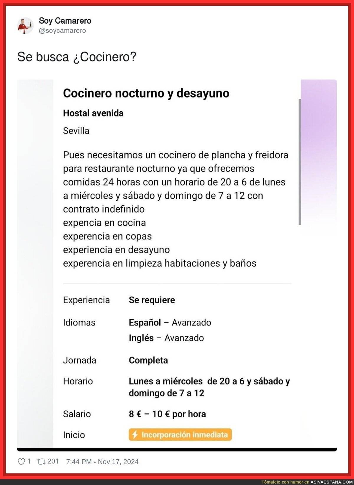 ¿Se busca cocinero o esclavo?