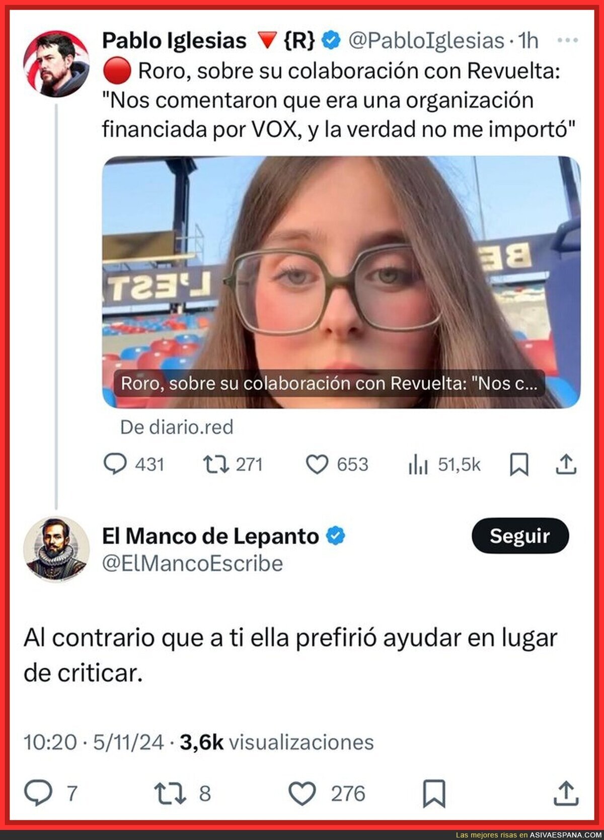 Pablo Iglesias señala a Roro por ayudar a Valencia con la Revuelta