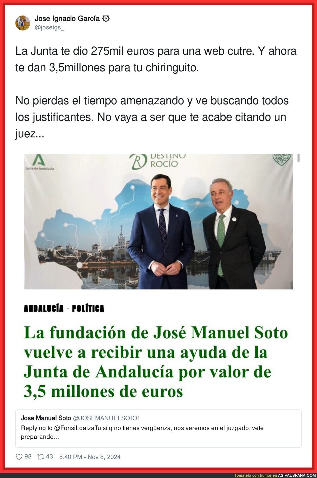 La buena vida de José Manuel Soto con el presidente del PP andaluz