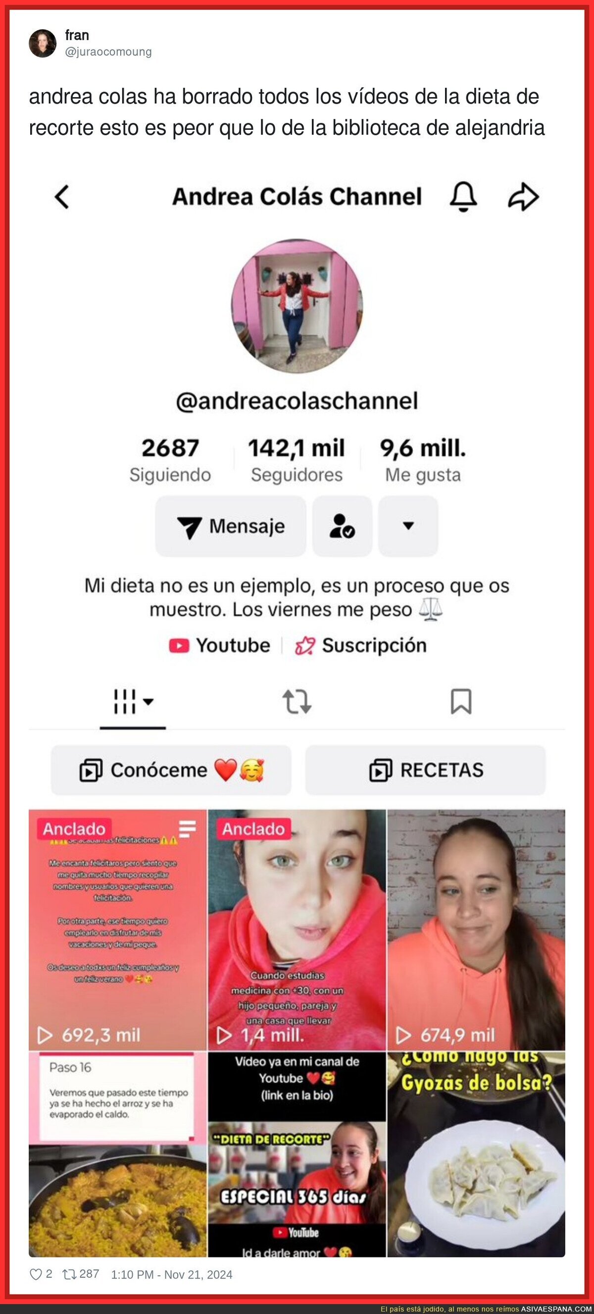 Andrea Colás ha borrado historia de internet de su canal