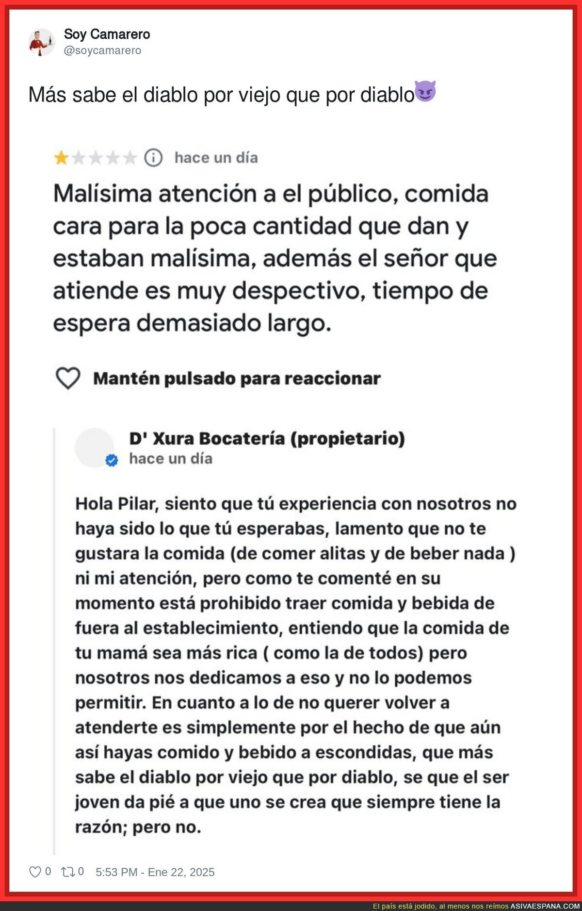 Así se responde a un cliente que se trae comida de fuera