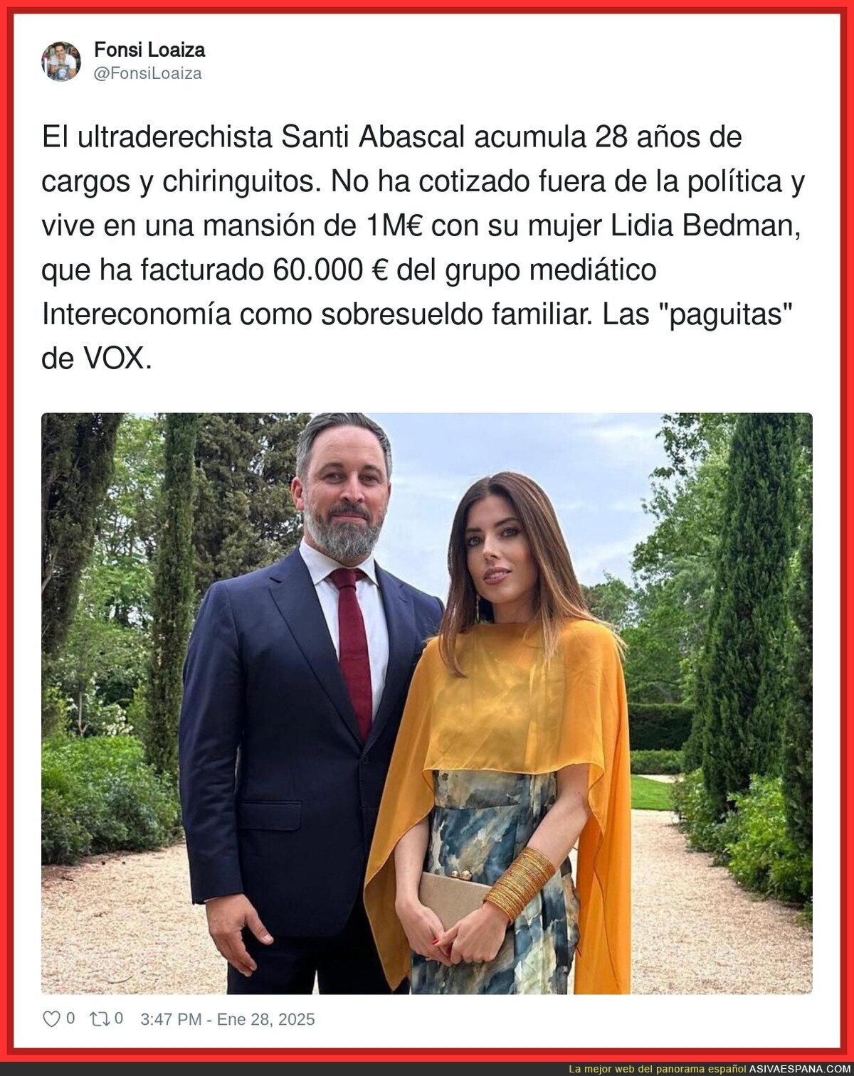 El ultraderechista Santi Abascal acumula 28 años de cargos y chiringuitos. No ha cotizado fuera de la política y vive en una mansión de 1M€ con su mujer Lidia Bedman, que ha facturado 60.000 € del grupo mediático Intereconomía como sobresueldo fa