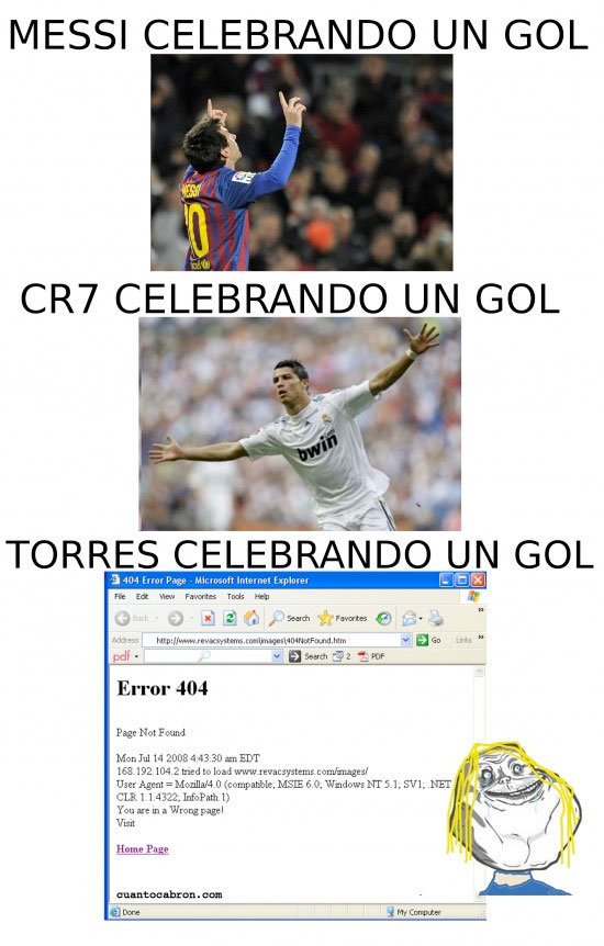 celebración,CR7,Forever Alone,gol,Messi,Torres,True Story