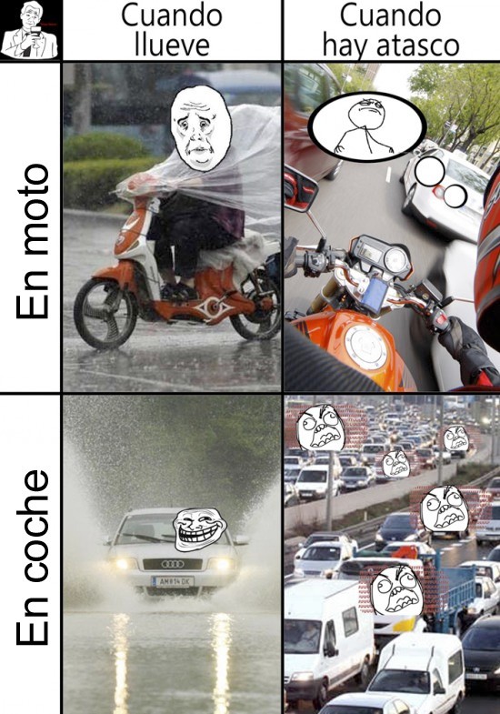 atasco,coche,fuck yeah,fuuu,lluvia,moto,okay,troll