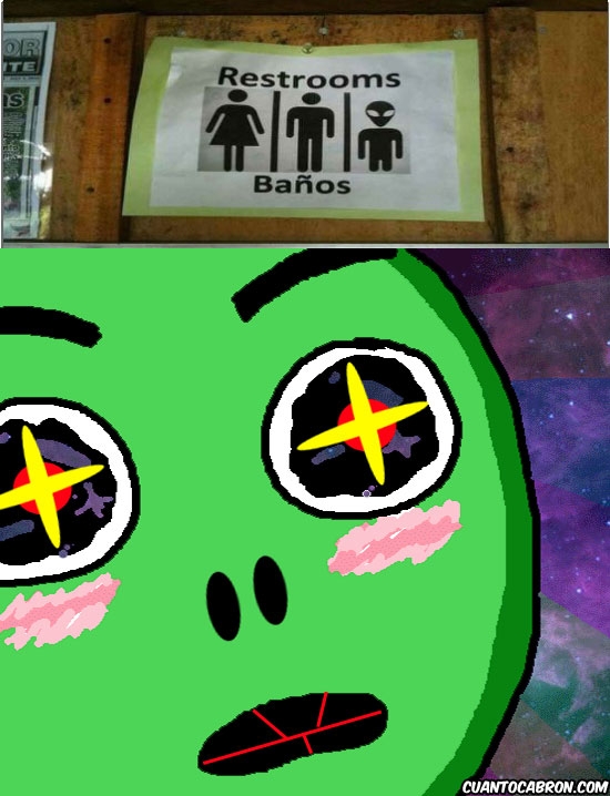 Alien,amazed,baños,cartel,extraterrestre,lavabos,verde