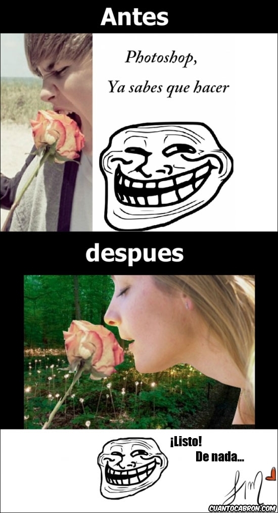 Trollface - ¡Y aquí tenemos el montaje de Photoshop de la foto de Justin Bieber y la rosa!