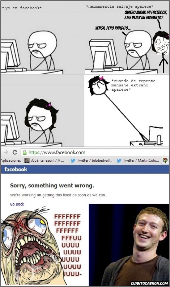 caida,facebook,mark zuckerberg,mensaje,rabia,something went wrong