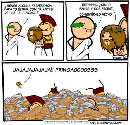 cyanide and happiness,jesucristo,jesus,multiplicar,panes,peces