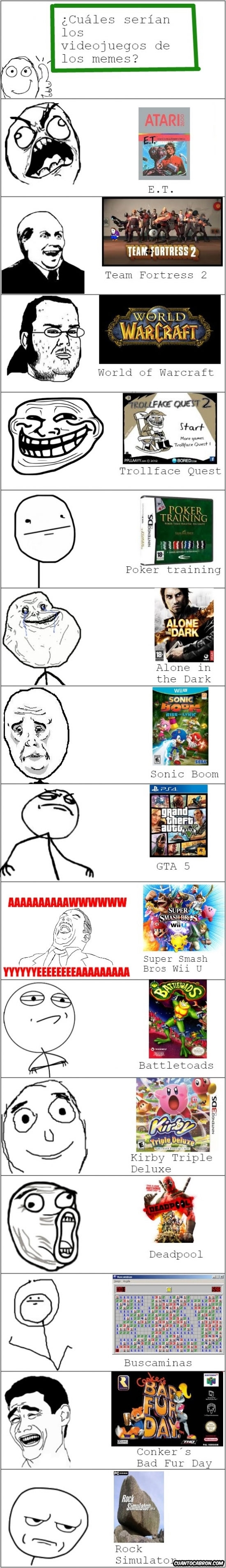 alone in the dark,battletoads,buscaminas,conker´s bad fur day,dead or alive xtreme,deadpool,e.t.,gta 5,kirby triple deluxe,poker training,rock simulator,sonic boom,super smash bros for wii u,team fortress 2,trollface quest,world of warcraft