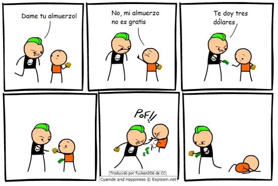 almuerzo,bulling,Cyanide and Happiness,dolares,golpear,gratis,robar,tres