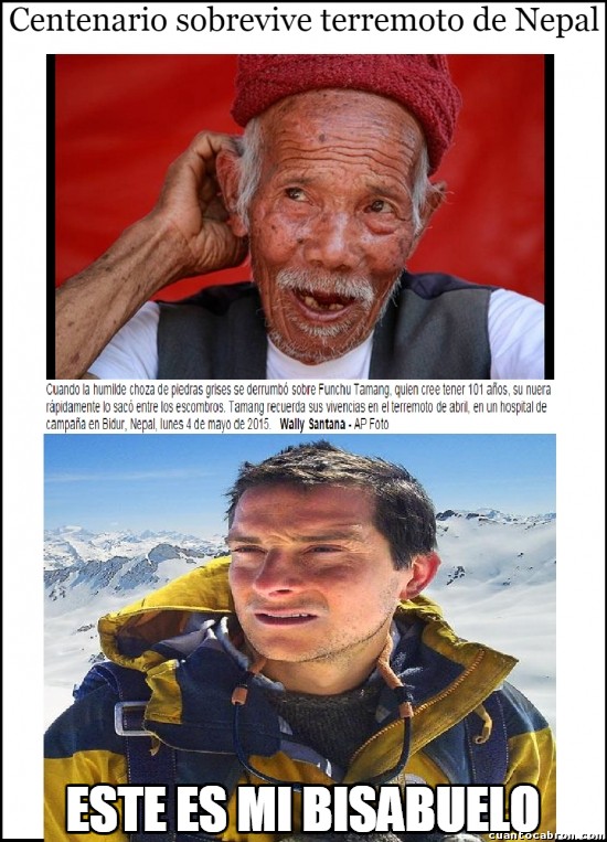 anciano,Bear Grylls,bisabuelo,bisnieto,centenario,Funchu Tamang,nepal,sentir orgullo,sobrevivir,terremoto,viejo