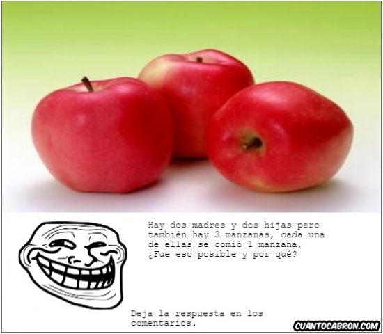 3 manzanas,cada una se come una,dos hijas,dos madres,troll