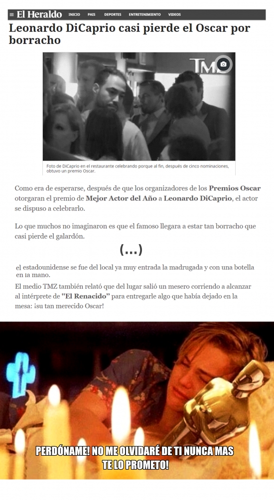 Meme_otros - Leonardo DiCaprio se olvida de su Oscar después de la fiesta