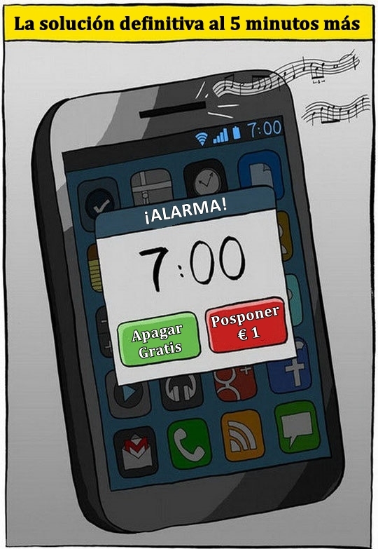 5 minutos más,alarma,despertar,móvil,pagar,posponer,problema,solución,teléfono