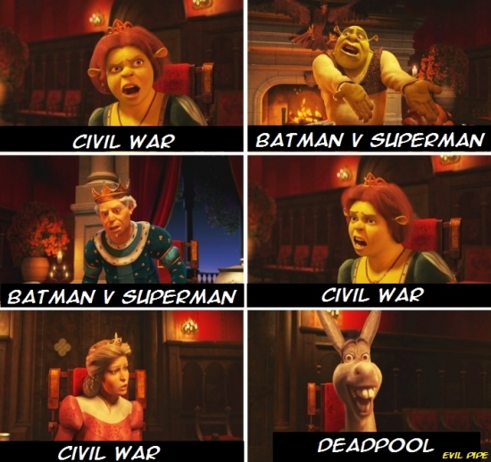 batman v superman,civil war,deadpool,shrek