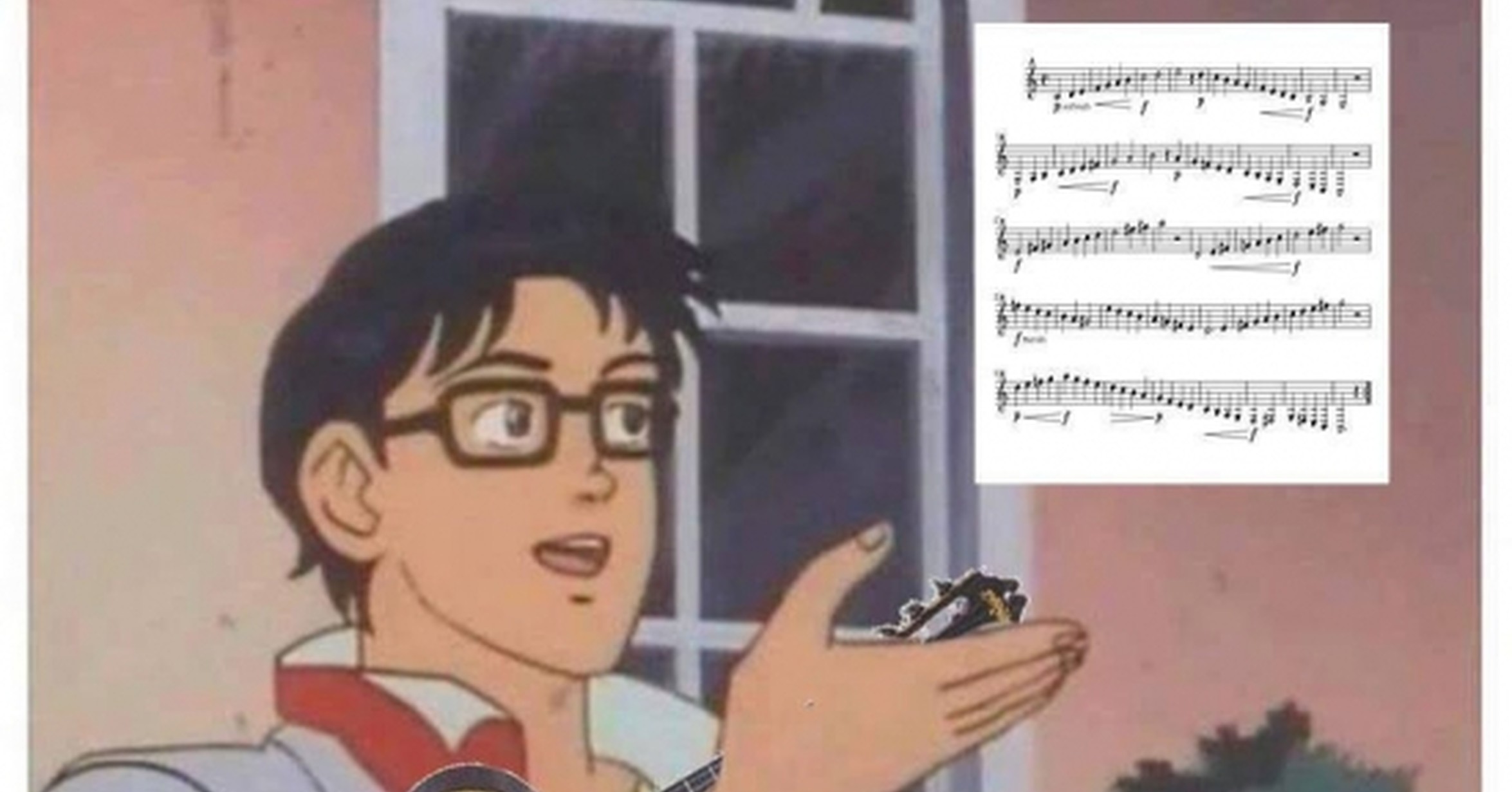 Meme humorístico sobre aprender a leer partituras, con la frase 'Y ahora a ver tutoriales sobre cómo leer partituras'