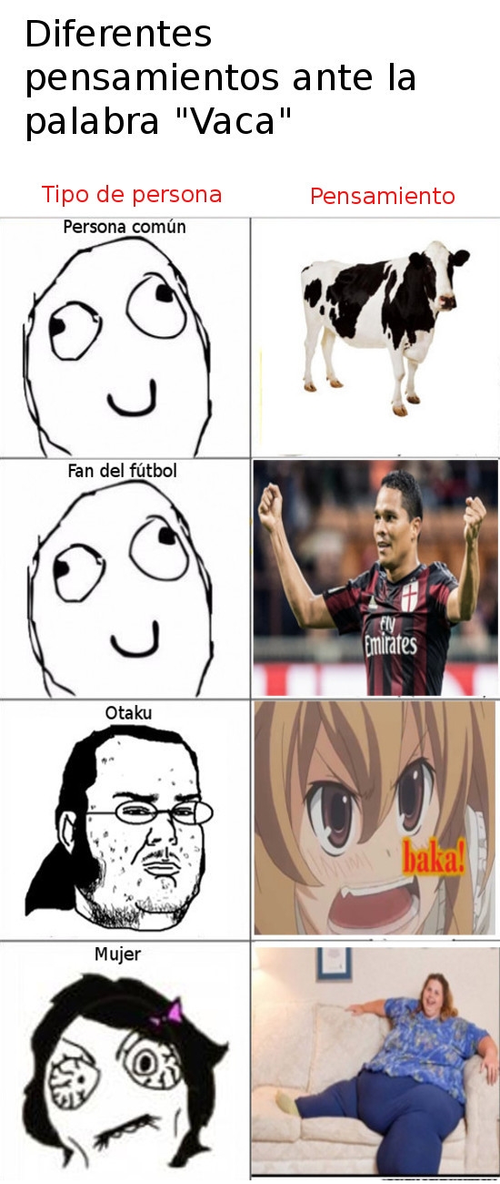 1er cuadro vaca común,2do cuadro Carlos Bacca del club de fútbol AC Milan,3er cuadro Taiga Aisaka del anime Toradora,4to cuadro UNA GORDA xD