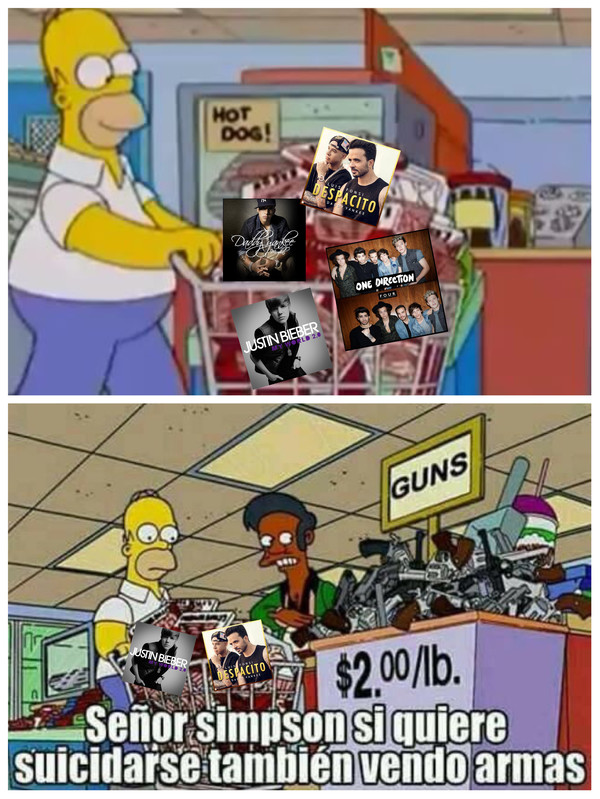 Apu,Escena de los Simpson,Homer Simpson,música basura,suicidarse,vende armas