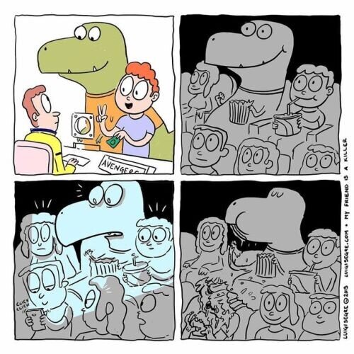 Meme_otros - Ventajas de ir al cine con un dinosaurio