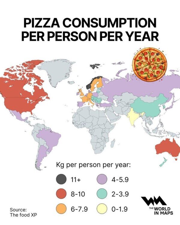 Otros - Los kilos de pizza que comen las personas de cada país al año