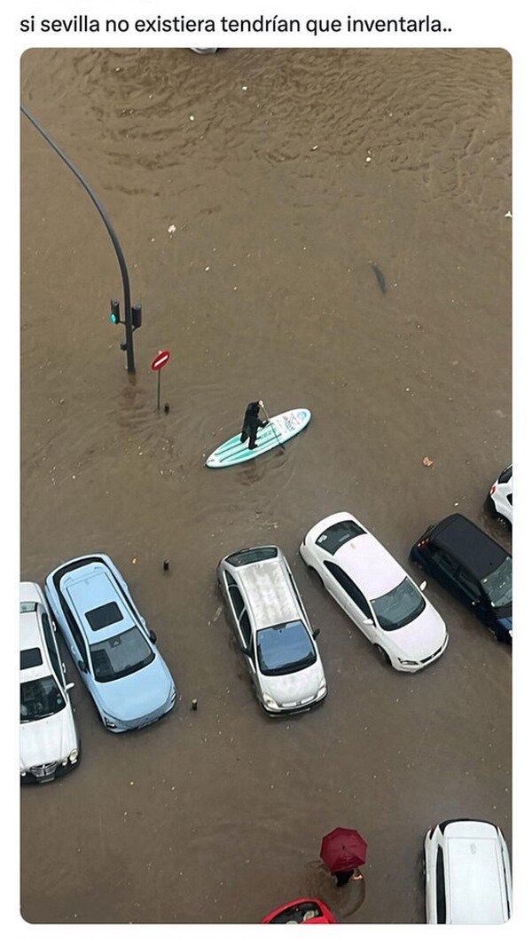 Meme_otros - Aprovechando la inundación para practicar pádel surf