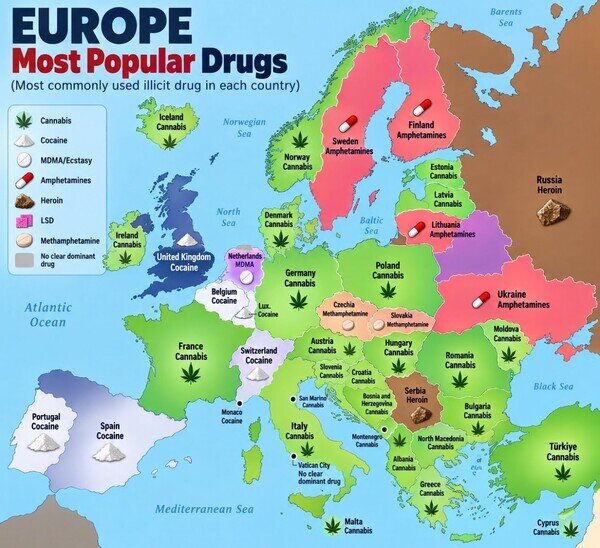 Las drogas ilícitas más populares en Europa Europa,mapa,drogas