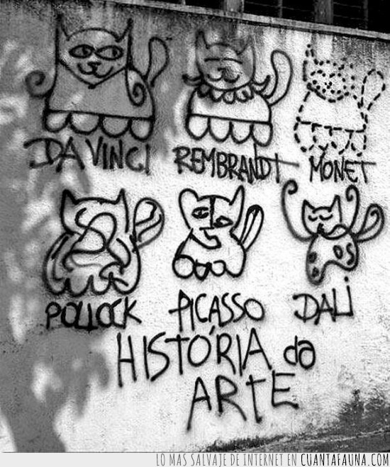 arte,gato,graffitti,da vinci,rembrandt,monet,pollock,picasso,dali,historia,pared,pintada