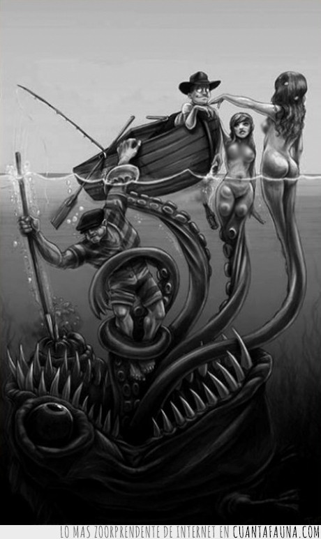 engaño,sirena,monstruo,pez,hundir,tentaculo