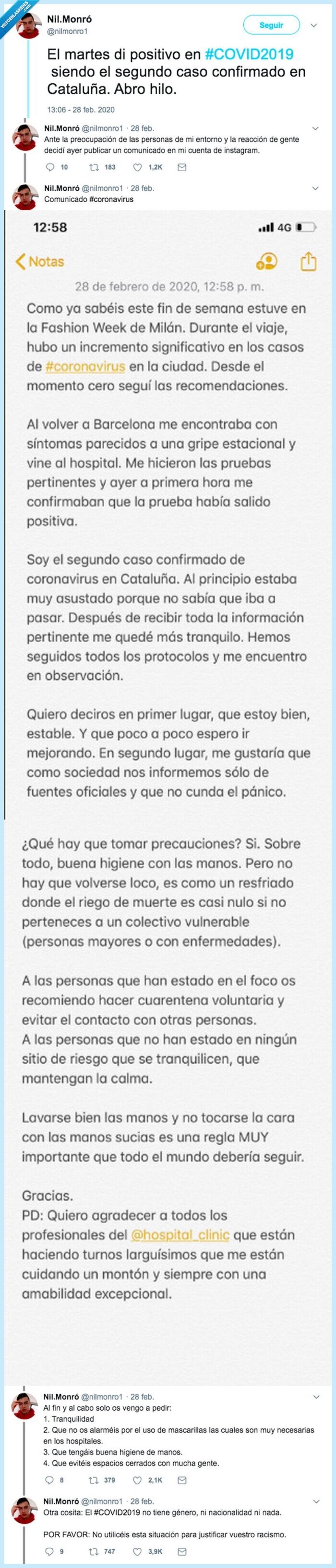 1526 - El segundo caso positivo de coronavirus en España explica su experiencia para todos. Vía @nilmonro1