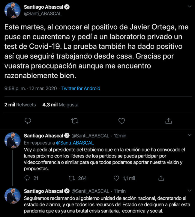4220 - Santiago Abascal da positivo en coronavirus