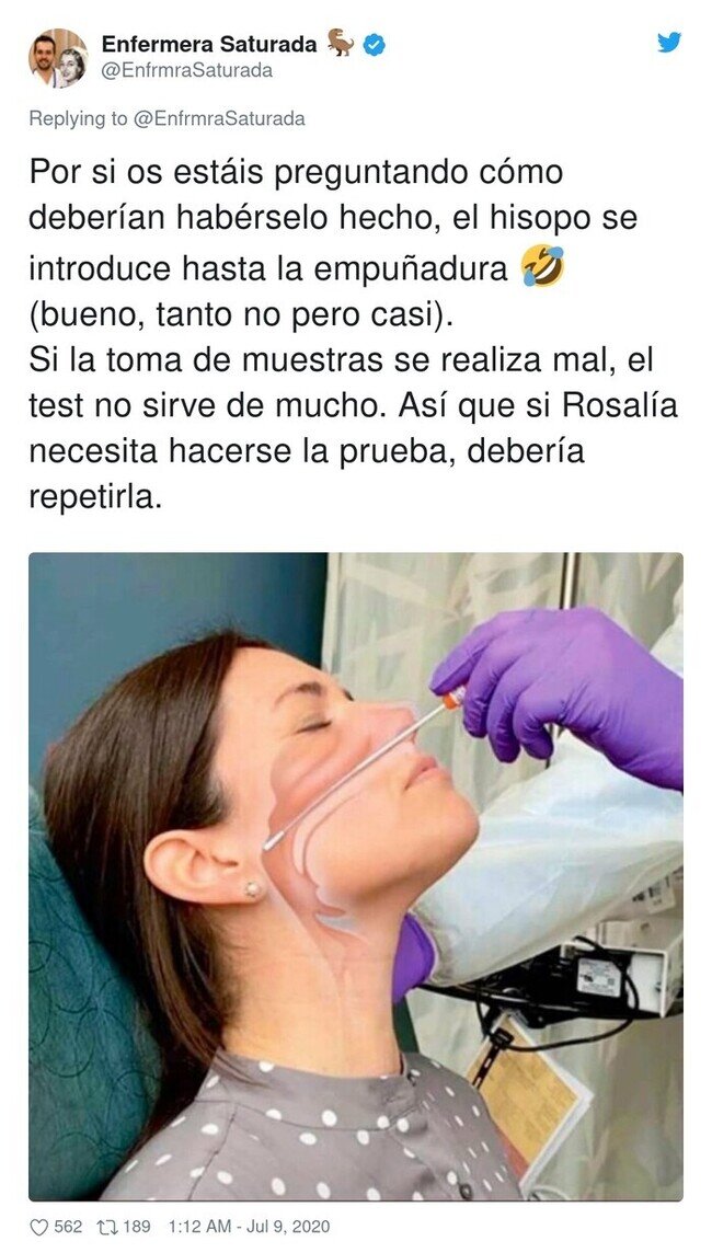 18232 - Rosalía enseña cómo le hacen un test PCR pero se lo realizan 'Malamente', por @EnfrmraSaturada