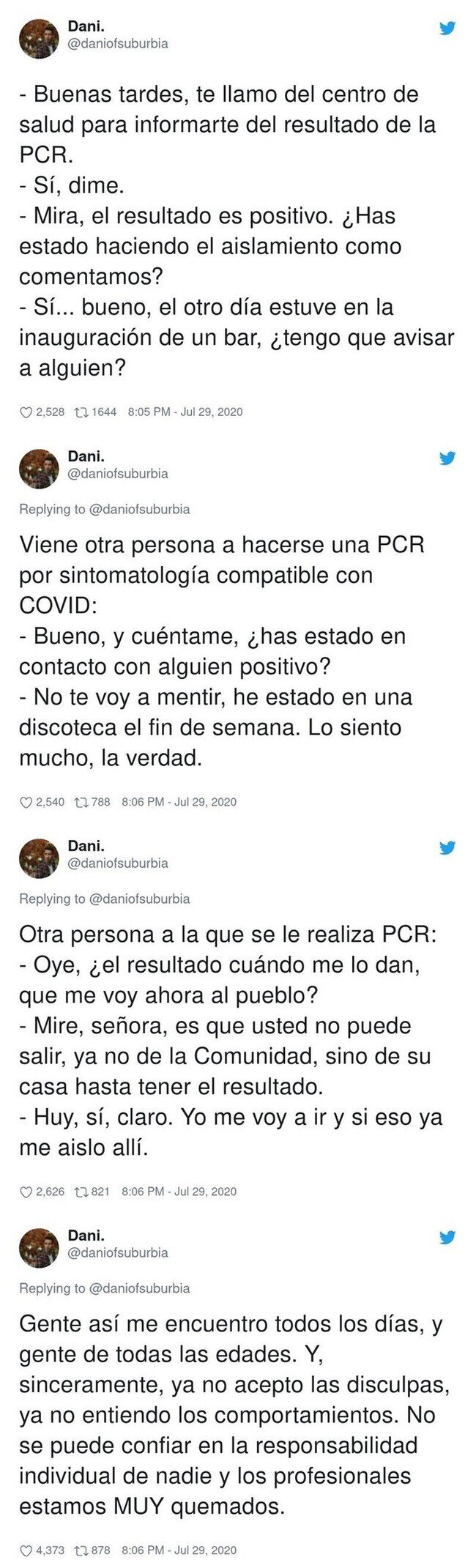 18785 - A este enfermero le es imposible contener la impotencia y recopila en un hilo el mal comportamiento de algunos pacientes con coronavirus