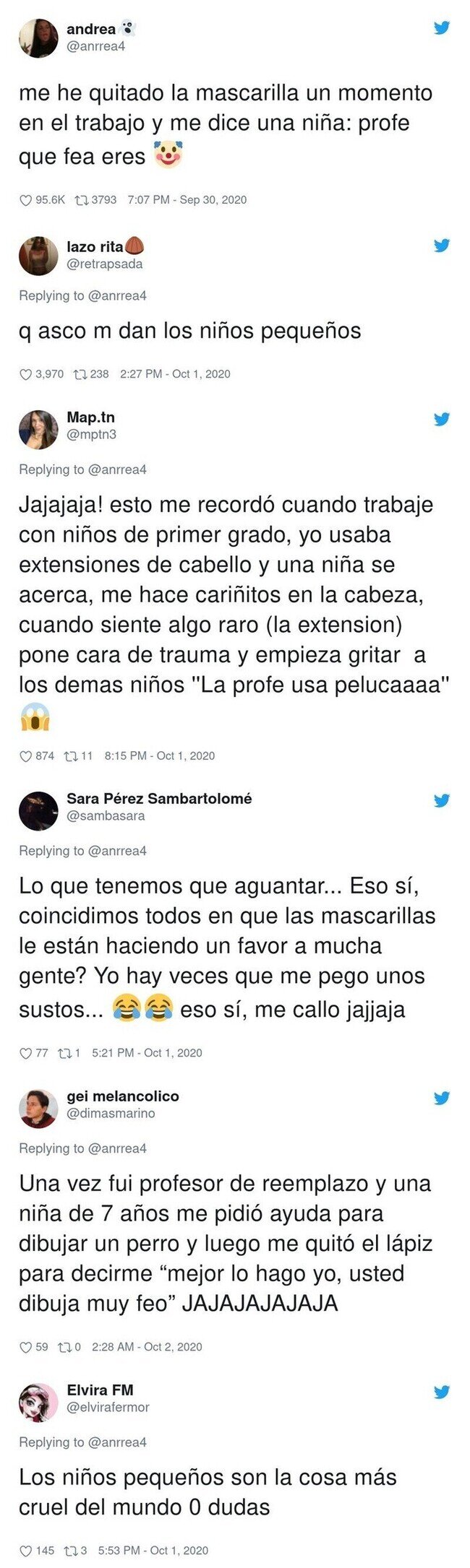 20099 - Una profesora nos enseña que la mascarilla no solo te protege del coronavirus; también de la crueldad extrema de los niños, por @anrrea4