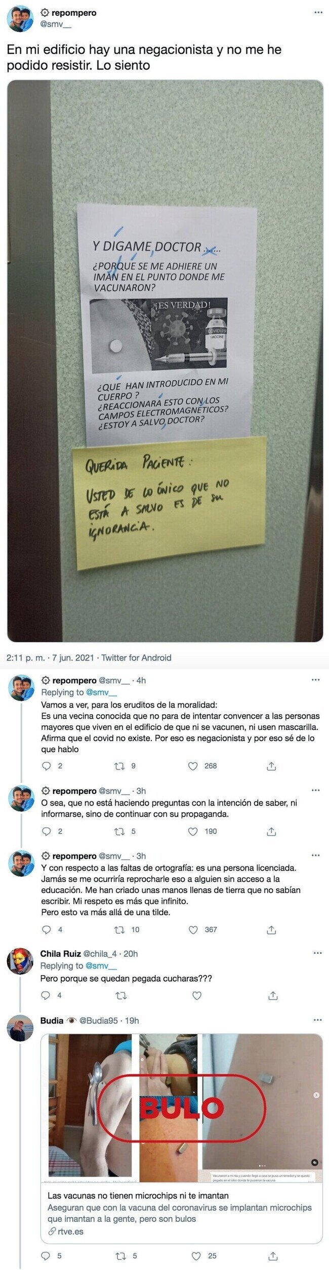 23378 - Vacilada máxima a su vecina negacionista que se cree que se te pegan imanes por vacunarte, por @smv__
