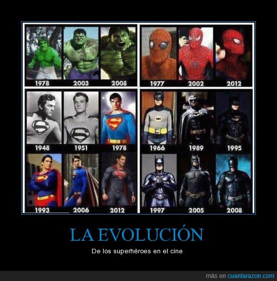 Batman,Superman,Spiderman,Hulk,evolución