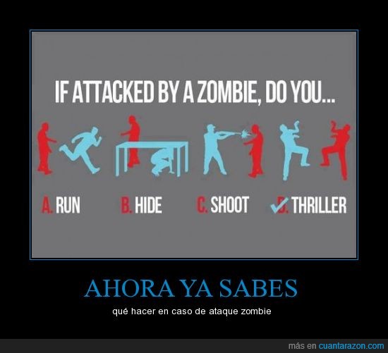 zombie,instrucciones,apocalipsis,bailar,thriller,huir,esconder,disparar