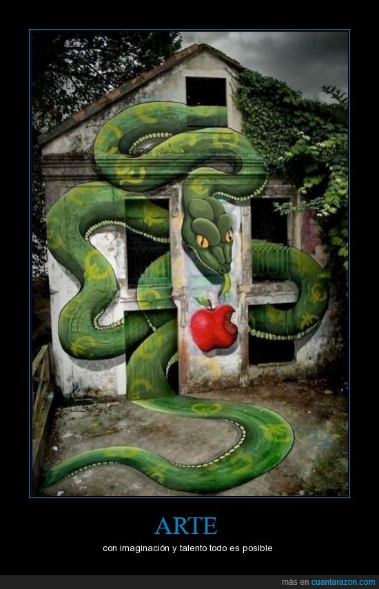 arte,graffiti,imaginacion,manzana,puerta,serpiente,ventana