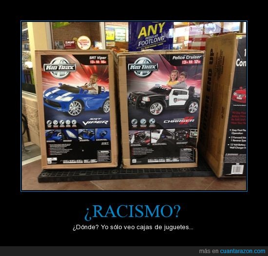 blanco,caja,coche,juguete,negro,niño,policia,racismo