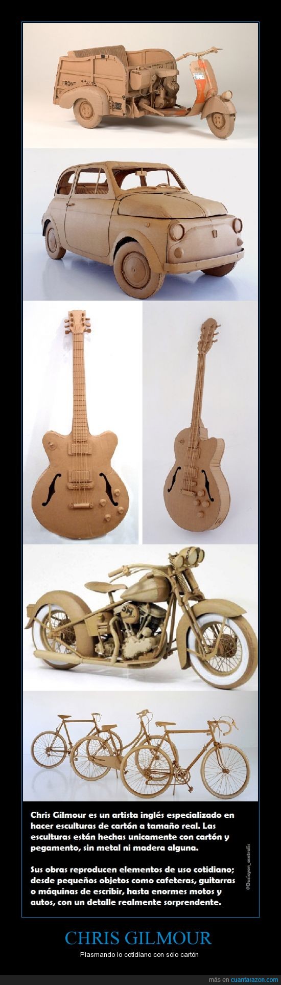 cartón,coche,Cris Gilmour,guitarra,moto,plasmar