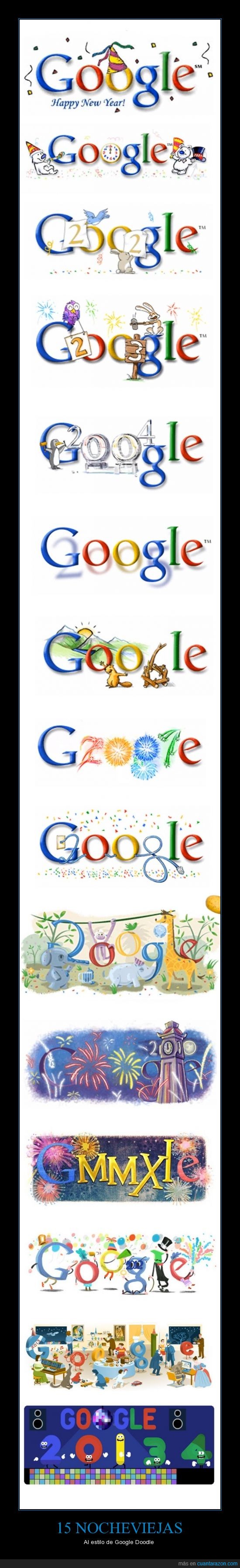 google,doodle,feliz año nuevo,nochevieja,15 años,1999-2014