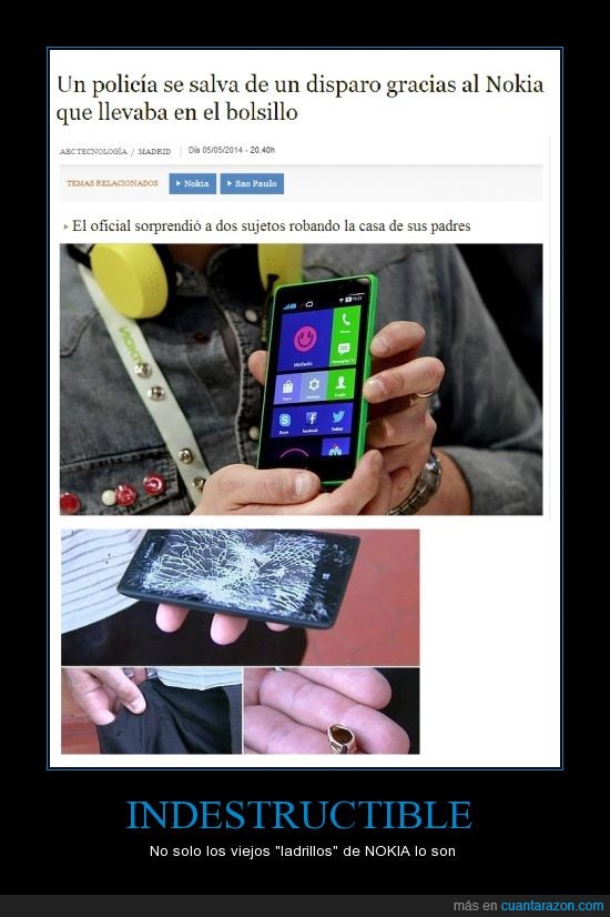 Nokia,ladrillo,indestructible,bala,salva,policía,teléfono,móvil