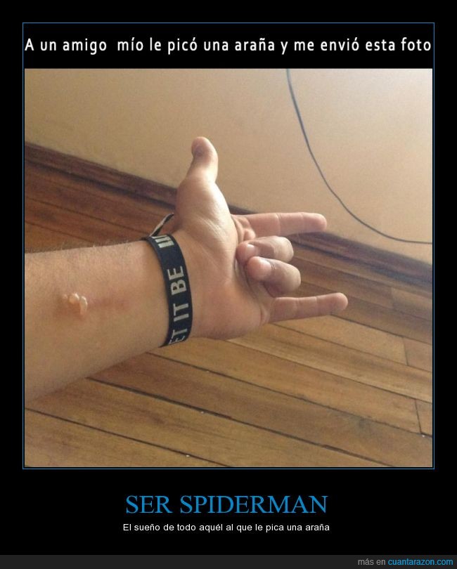 spiderman,araña,enviar,foto,amigo,picar,picadura,brazo,mano,pose